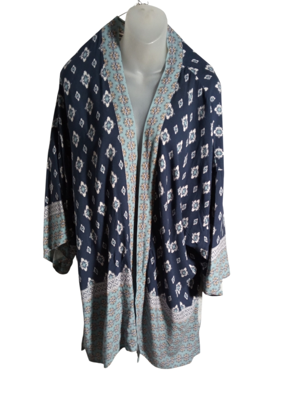 Knox Rose Boho Kimono Blue Floral Print Open Front Lightweight Duster Cardigan
